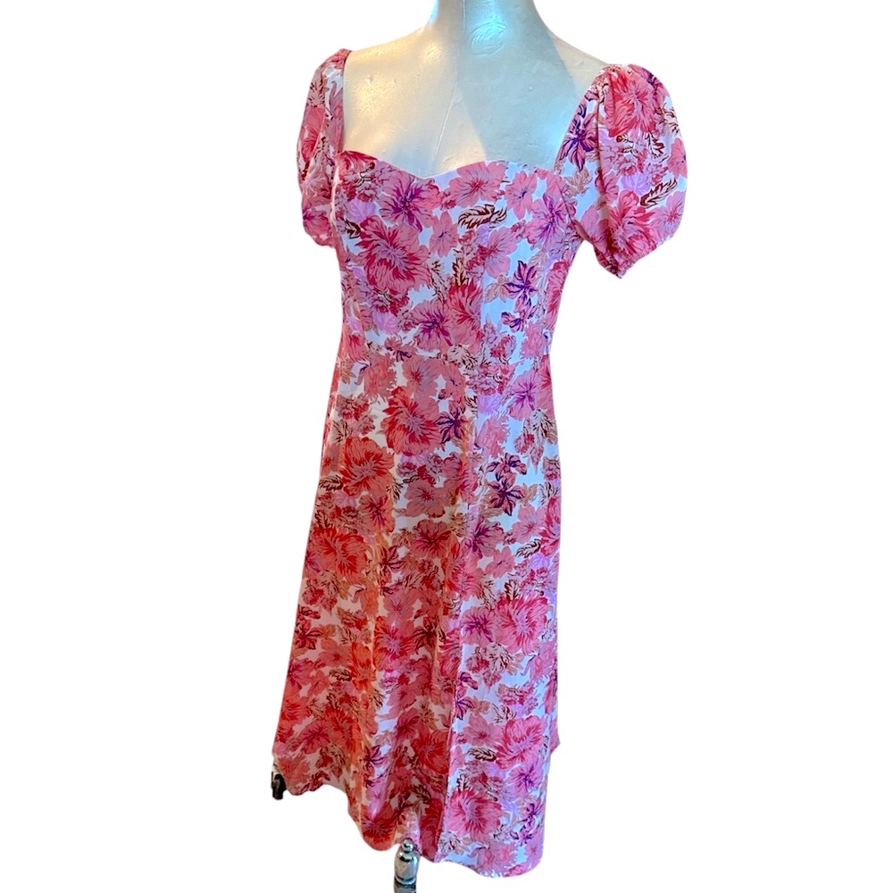 Women’s Floral Midi Dress Puff Sleeves Back Tie Ruched front side slit Medium